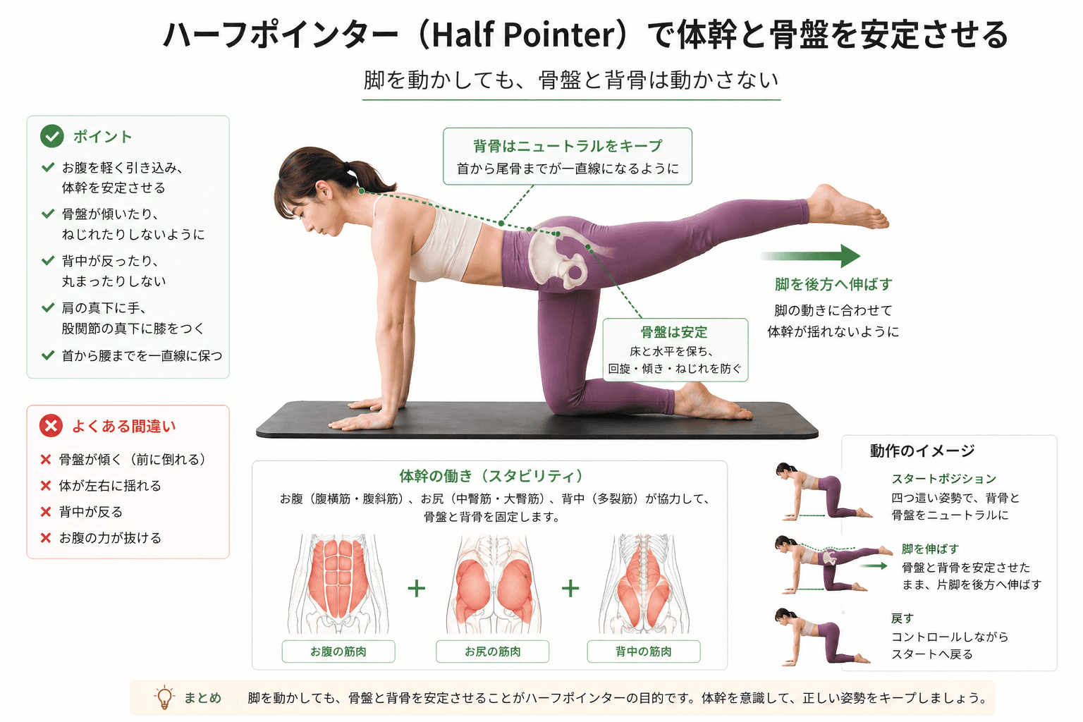 ピラティスの「ハーフポインター」とは？体幹安定とバランス力を高める基礎エクササイズのフォームイメージ