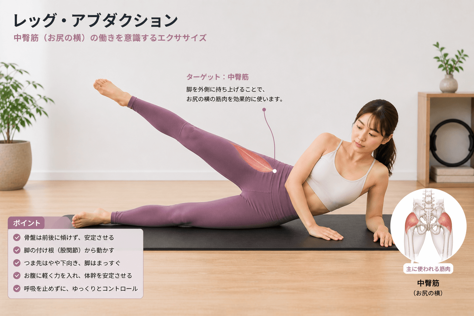 ピラティスの「レッグアブダクション」とは？股関節外転と骨盤安定を高める基礎エクササイズの動作イメージ