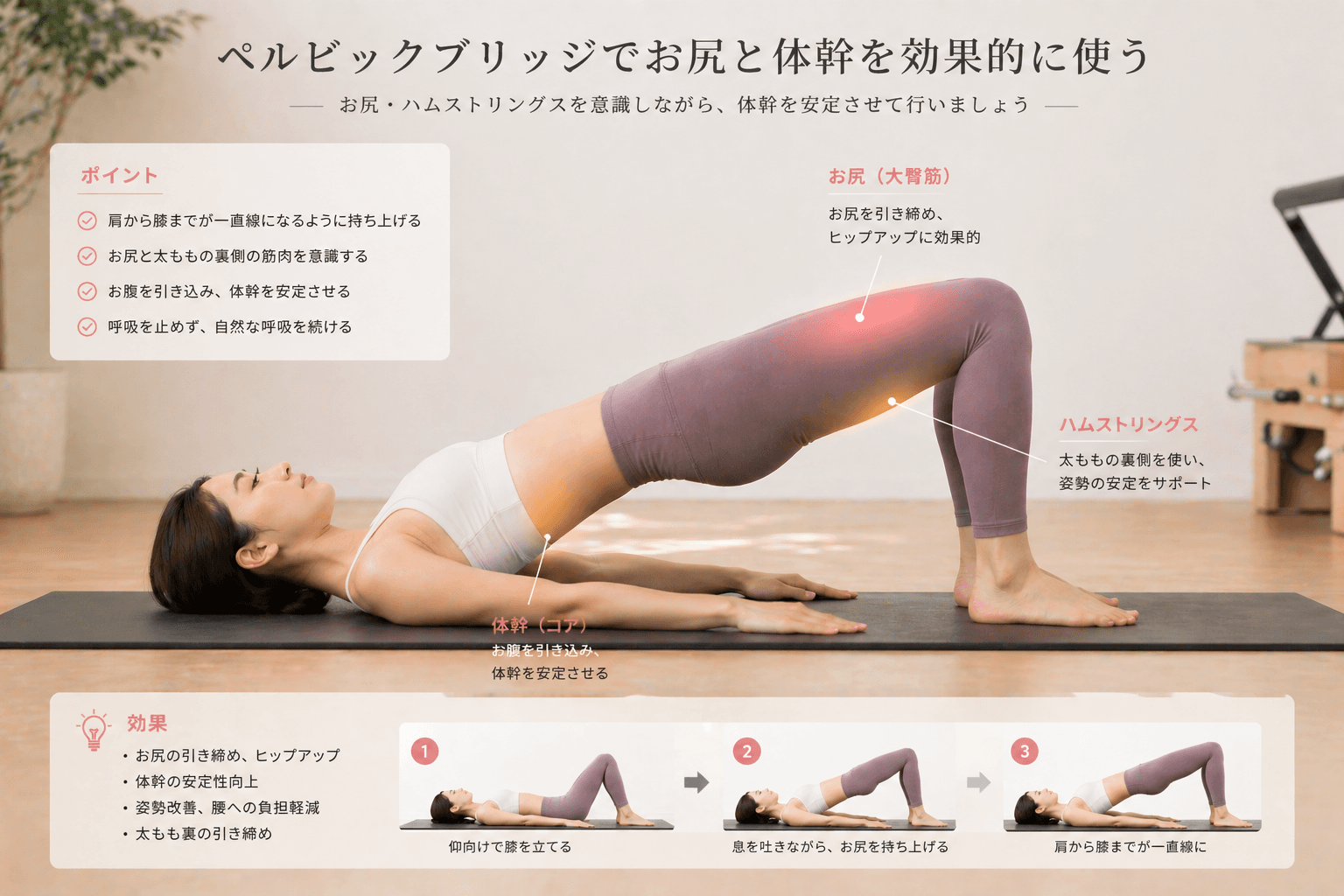 ピラティスの「ペルビック・ブリッジ」とは？骨盤と背骨を整える基本エクササイズの動作イメージ