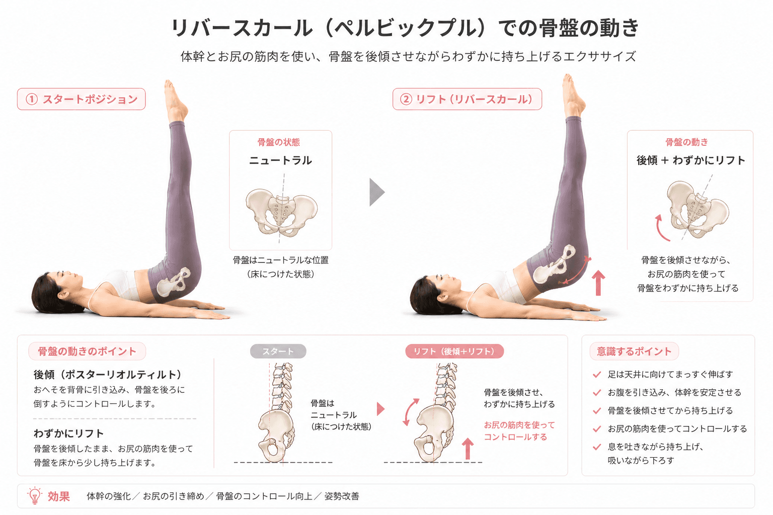 ピラティスの「ペルビック・プルレイズ」とは？体幹安定と下半身コントロールを高める応用エクササイズのフォームイメージ