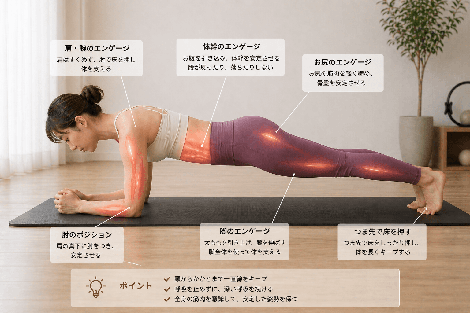 ピラティスの「プランクキープ」とは？全身の安定性を高める体幹トレーニングの動作イメージ