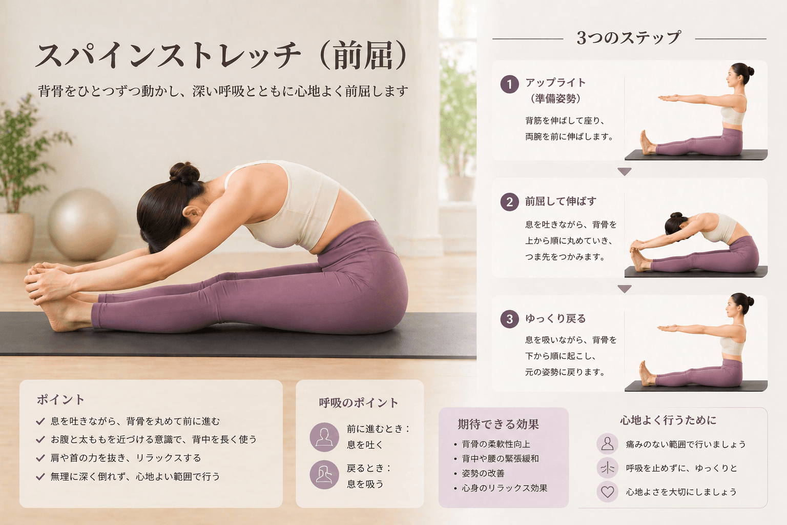 ピラティスの「スパイン・ストレッチ」とは？背骨の柔軟性と姿勢改善を高める基本エクササイズの動作イメージ