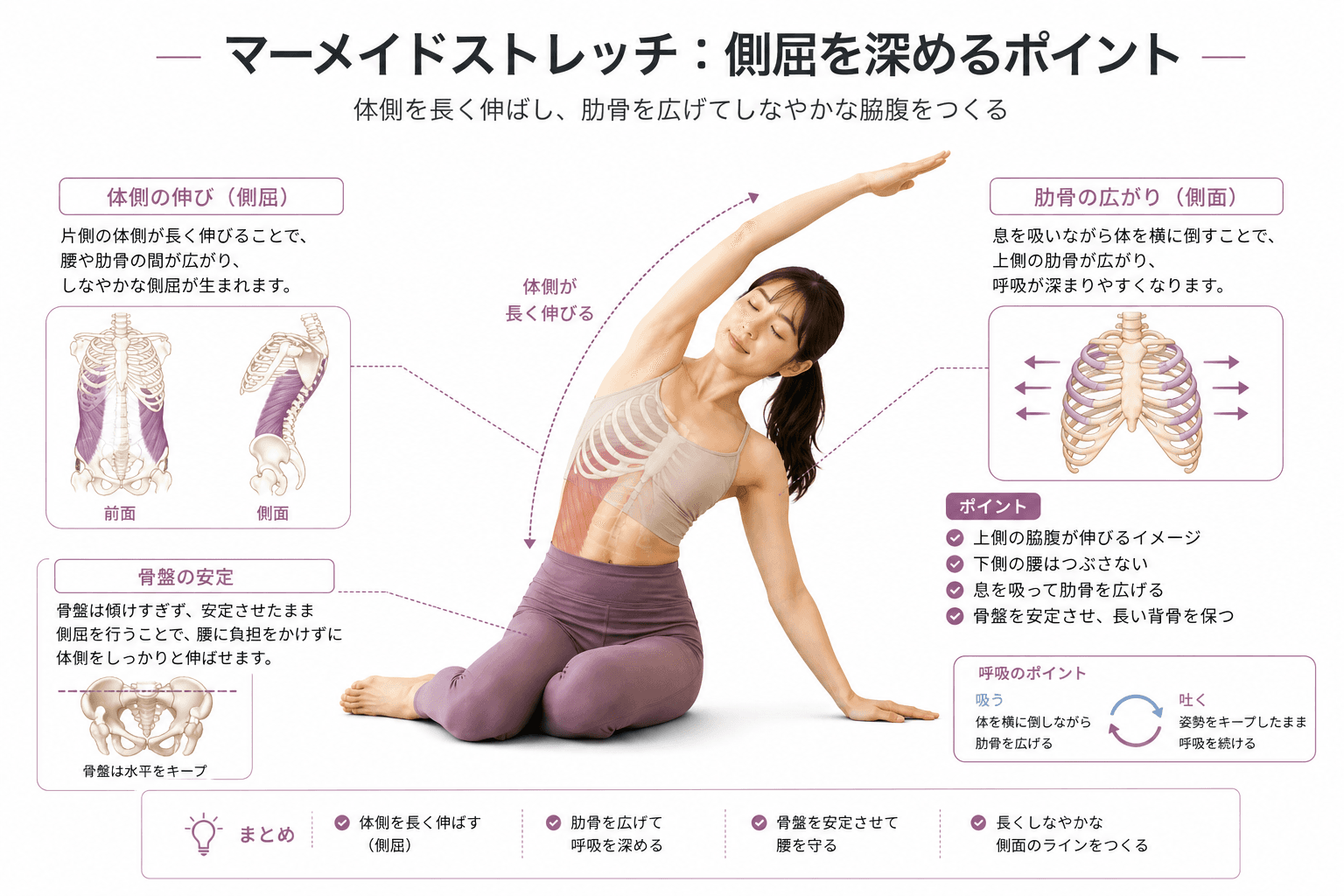 ピラティスの「マーメイド」とは?側屈で背骨と体側をしなやかに整えるストレッチのフォームイメージ