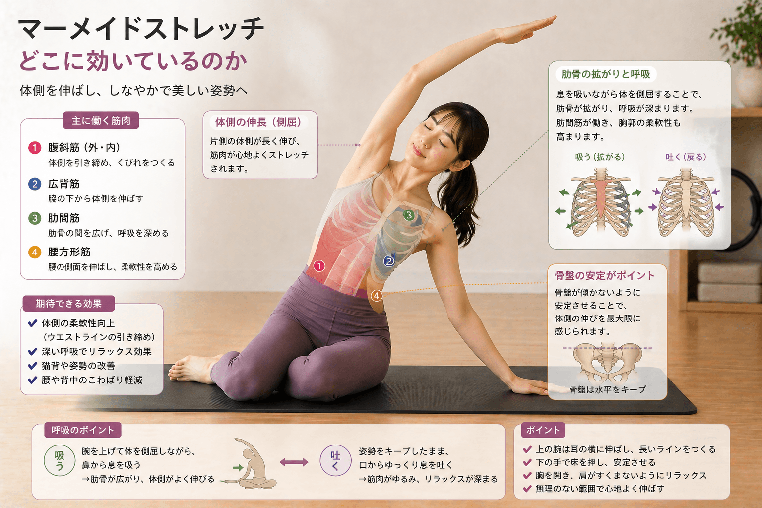 ピラティスの「マーメイド」とは?側屈で背骨と体側をしなやかに整えるストレッチの動作イメージ
