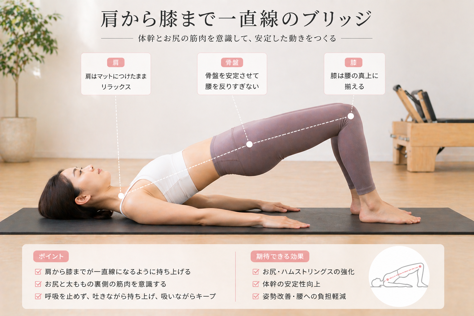 ピラティスの「ペルビック・ブリッジ」とは？骨盤と背骨を整える基本エクササイズのサムネイル画像