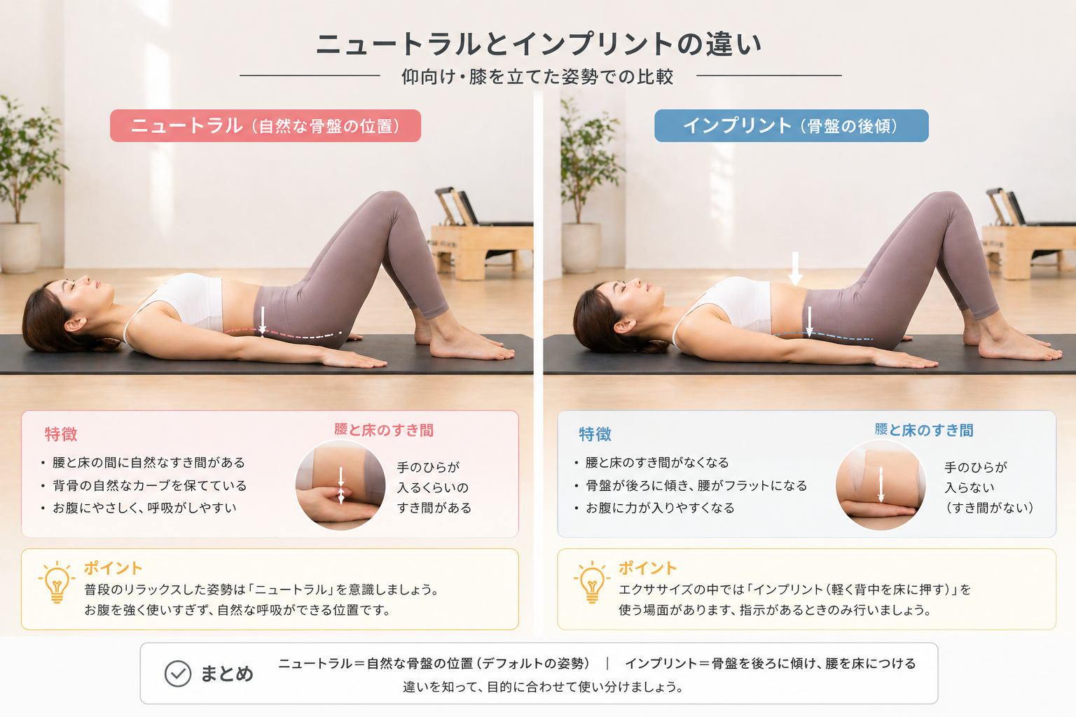 ピラティスにおける「インプリント＆ニュートラル」とは？使い分けが効果を左右する基本ポジションのサムネイル画像